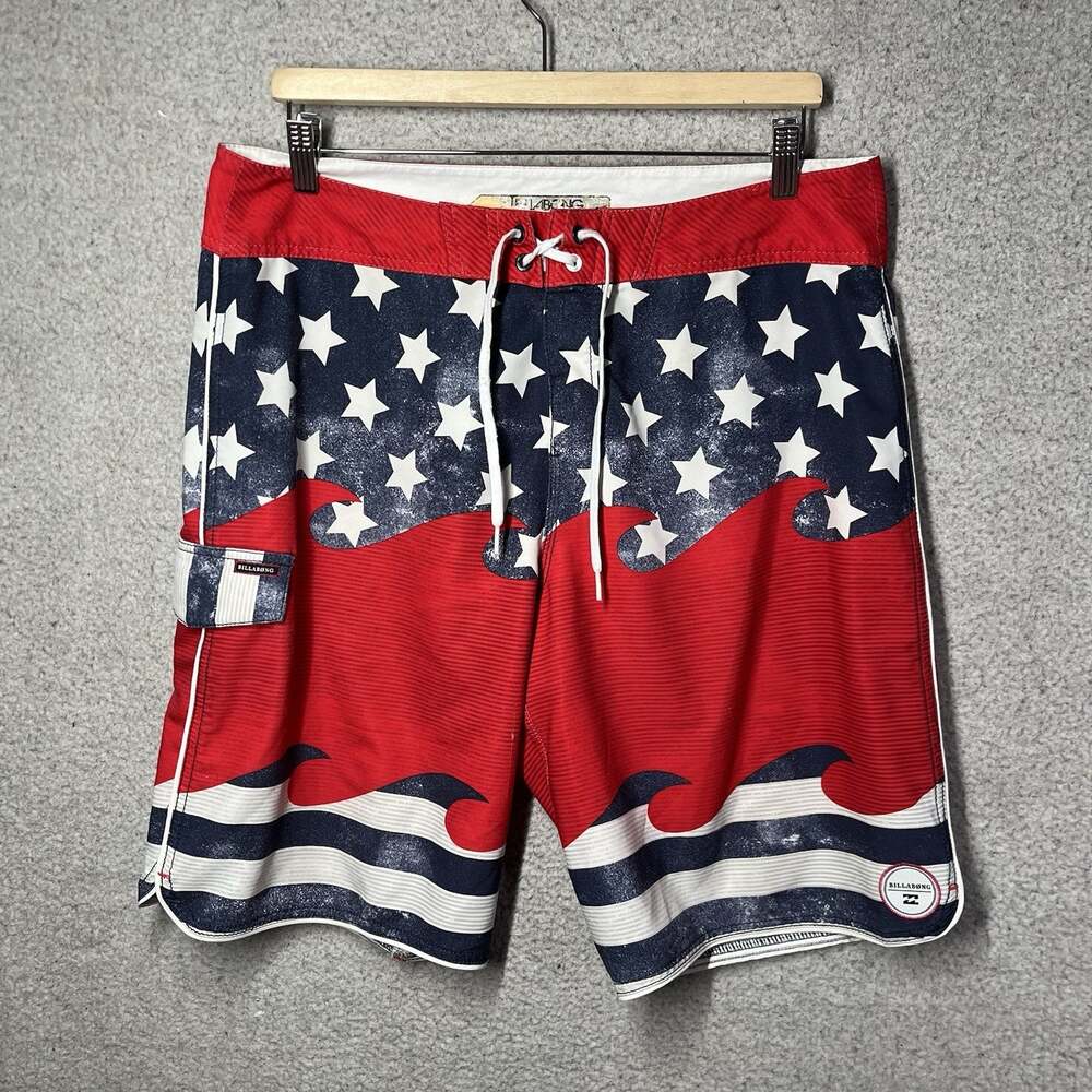 Billabong Board Shorts Mens 34 Red White Blue USA American Flag Surf Swim Trunks